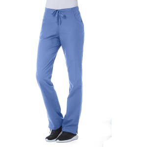A pair of women's half elastic pants in light blue, featuring a drawstring waistband and a logo.