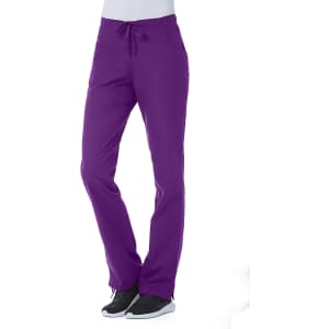 A pair of purple half elastic pants for women, featuring a drawstring waist. The pants have a logo on them.