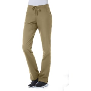 A pair of women's half elastic pants in a light brown colour, featuring a drawstring waist and a logo.