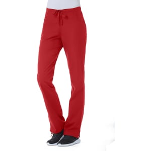 Red women's half elastic pants with a drawstring waist, featuring a logo on the side and worn with black shoes.