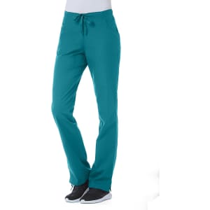 Teal women's half elastic pants with a drawstring waist, featuring a logo.