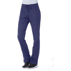 A pair of navy blue half elastic pants with a drawstring, featuring a logo on the waistband.