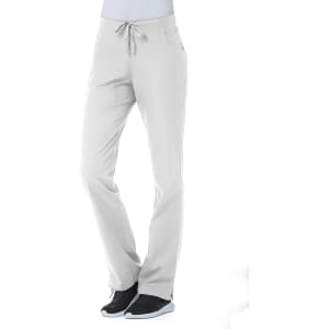 Light grey women's half elastic pants with a drawstring waist and side pockets, featuring a brand logo.