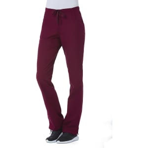 Burgundy women's half elastic pants with a drawstring waistband, featuring a logo.