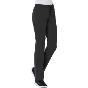 Full elastic cargo pants in black, featuring side pockets and a drawstring waist. Suitable for casual wear.