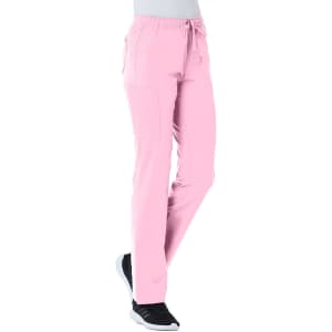 A pair of pink women's full elastic cargo pants with side pockets and an elastic waistband.