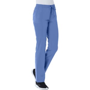 Light blue women's cargo pants featuring elastic waist and side pockets, paired with black athletic shoes.