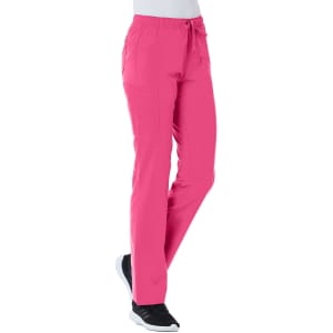A pair of women's cargo pants in vibrant pink with elastic waistband and pockets, featuring a logo.