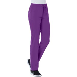 A pair of women's cargo pants in a vibrant purple colour, featuring an elastic waistband and side pockets.