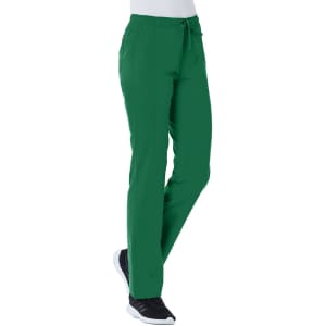 A pair of green women's cargo pants featuring full elastic waist and pockets, worn with black shoes.