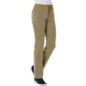 A pair of women's full elastic cargo pants in khaki with multiple pockets and a drawstring waist.