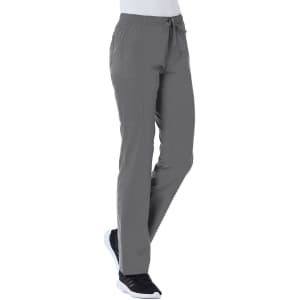 A pair of grey full elastic cargo pants for women, featuring side pockets and a drawstring waist.