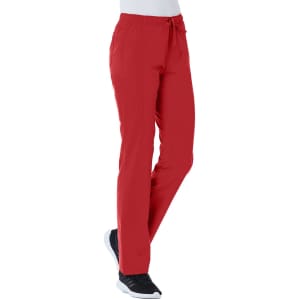 A pair of red women's cargo pants with an elastic waistband and side pockets, worn with black footwear.