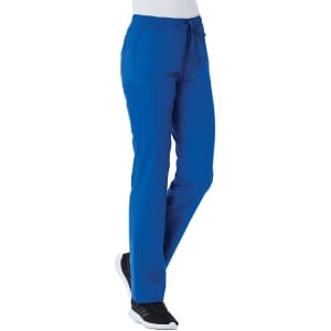 A pair of women's full elastic cargo pants in bright blue, featuring side pockets and a drawstring waist.