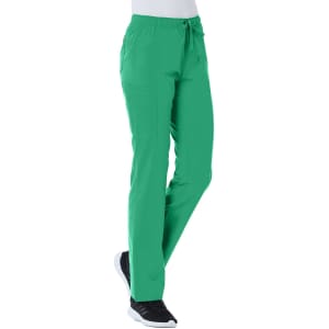 A pair of women's cargo pants in vibrant green with an elastic waistband and side pockets, featuring branding.