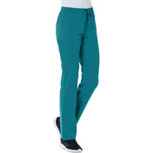 Teal women's full elastic cargo pants feature a drawstring waist and multiple pockets, set against a white background.