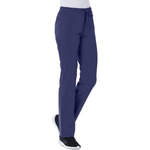 A pair of women's full elastic cargo pants in navy, featuring a drawstring waist and pockets.
