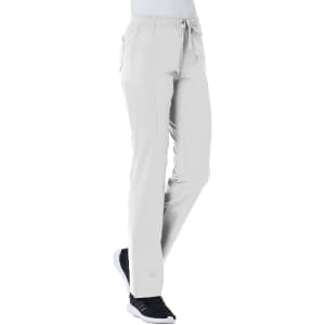 Light grey women's cargo pants with full elastic waistband, featuring multiple pockets. Includes a logo.