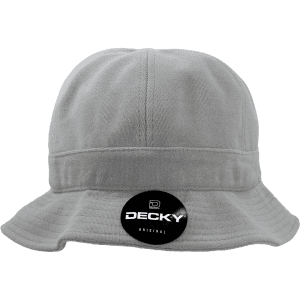 A grey bucket hat with a wide brim and a logo tag on the side.