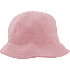 A pink relaxed terry bucket hat with a soft texture and wide brim, featuring a logo on the band.