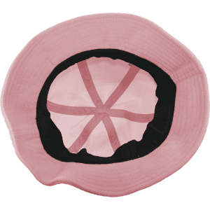 A pink bucket hat with a black interior and adjustable straps. It features a logo on the side.