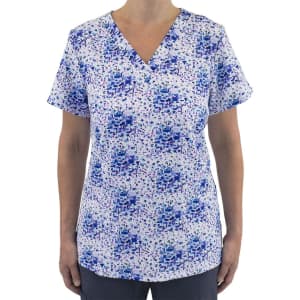 A floral v-neck top in shades of blue and white, featuring a patterned design and short sleeves.
