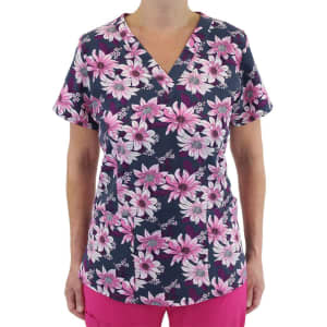 A floral women's V-neck top featuring pink and white flowers on a navy background, with short sleeves.