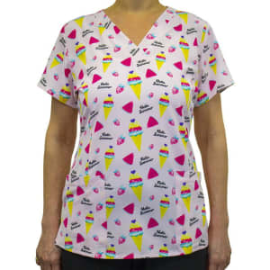A women's V-neck print top featuring a pink background with ice cream cones and geometric shapes. It includes a logo.
