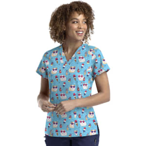 A V-neck print top in blue featuring colourful ice cream designs. The shirt has a logo on it.