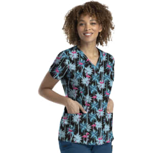 A women's v-neck print top featuring a black background with colourful palm tree and flamingo patterns. Includes a logo.