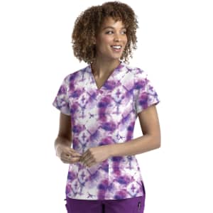 A women's v-neck top with a purple and white tie-dye print, featuring a short-sleeve design and a logo.