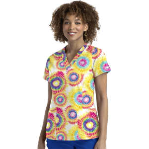 A women's V-neck top featuring a vibrant tie-dye pattern with bright colours including pink, yellow, and blue.