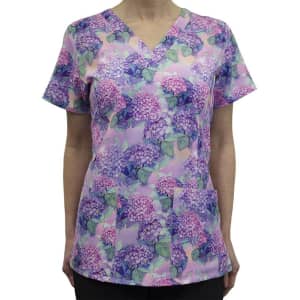 A floral women's V-neck top in shades of purple and pink, featuring a hydrangea print and a front pocket.