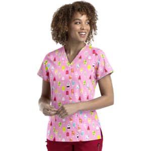 A women's v-neck print top in pink featuring a playful pattern of colourful ice creams. It has a logo on the side.