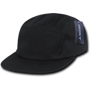 A black 5 Panel Racer Cap with a flat brim and a side branding patch.