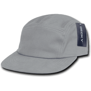 A grey 5-panel cotton racer cap with a branded tag on the side.