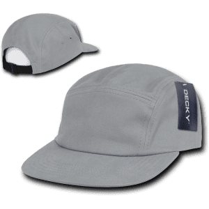 A grey 5 panel racer cap featuring a front panel and a side tag with branding.