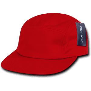 A red 5 panel racer cap featuring a side logo, designed for casual wear.