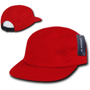 A red 5-panel racer cap with a logo, featuring a flat brim and an adjustable strap at the back.