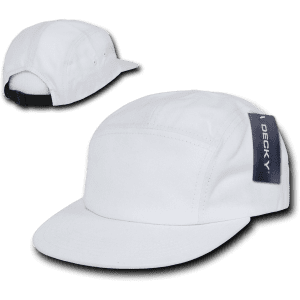 A white 5 Panel Racer Cap featuring a black brim and a logo on the side. Two angles of the cap are displayed.