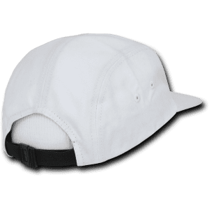 A white five-panel racer cap with black detailing and ventilation holes on the back. It has an adjustable strap.