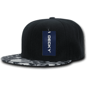 A black snapback cap with an animal print brim and a tag attached, featuring a logo.