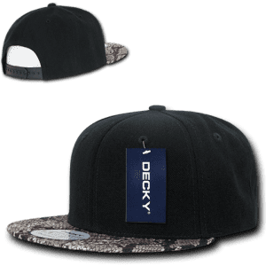 A black snapback cap featuring an animal-patterned brim and a logo tag attached.