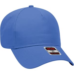 A blue 5 panel baseball cap with a curved brim and an adjustable strap at the back, featuring a logo.