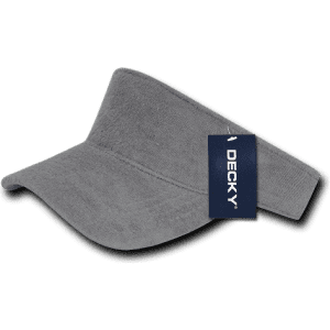 A grey terry visor featuring a logo and a tag attached, displaying a smooth, soft fabric design.