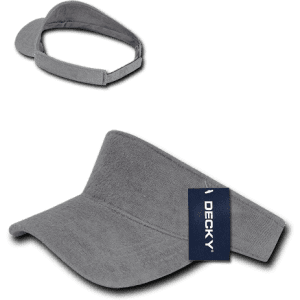 A grey Terry Visor with a curved brim and an adjustable band, featuring a logo.
