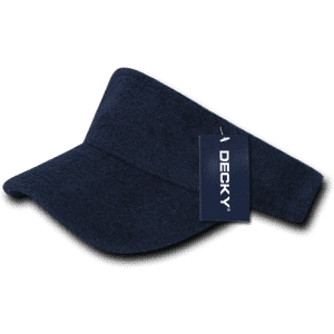 A navy terry cloth visor with a curved brim and a brand tag attached.