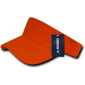 An orange Terry Visor with a black trim and a tag featuring a logo.