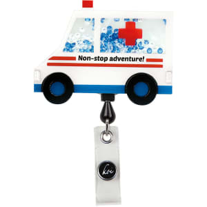 A novelty badge reel shaped like an ambulance, featuring blue and white colours with decorative sequins. It has a logo.