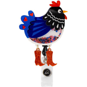 A hen-shaped badge with a blue body, black head, and red accents, featuring sparkly red boots and a logo.